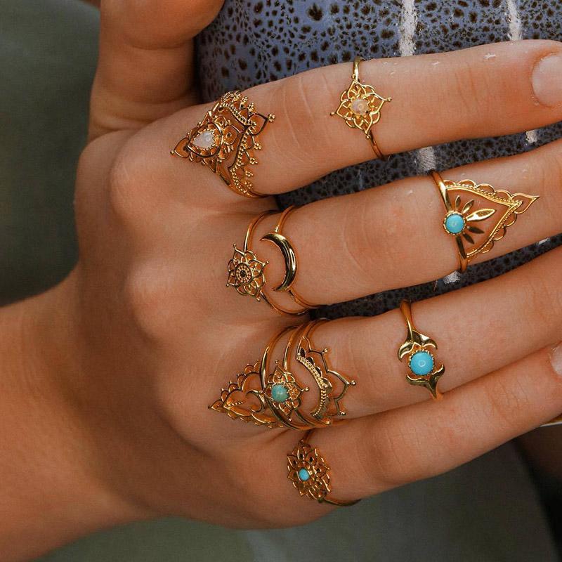 Pcs/Set Women Fashion Rings Gold Vintage Crown Moon Fishtail Geometry Gems Finger Ring Set Bohemian Party Jewelry Accessories Cluster
Pcs/Set Women Fashion Rings Gold Vintage Crown Moon Fishtail Geometry Gems Finger Ring Set Bohemian Party Jewelry Accessories Cluster