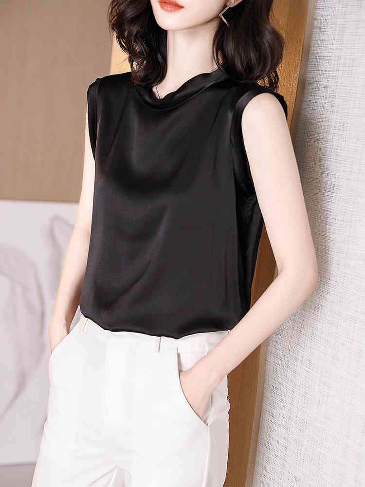 Women Summer Silk Blouse Sleeveless Office Work Wear Casual Elegant Blouses Ladies Loose Shirt Tops Blusas 210519