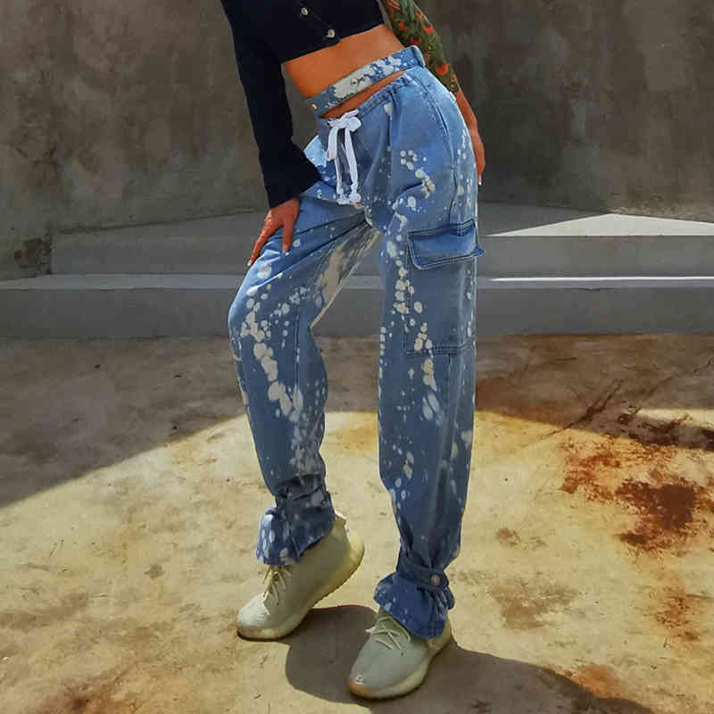 Spring Tie Dye Wide Leg Denim Pants For Women High Waist Hollow Out Lace Up Streetwear Jeans Female ZA5391 210427