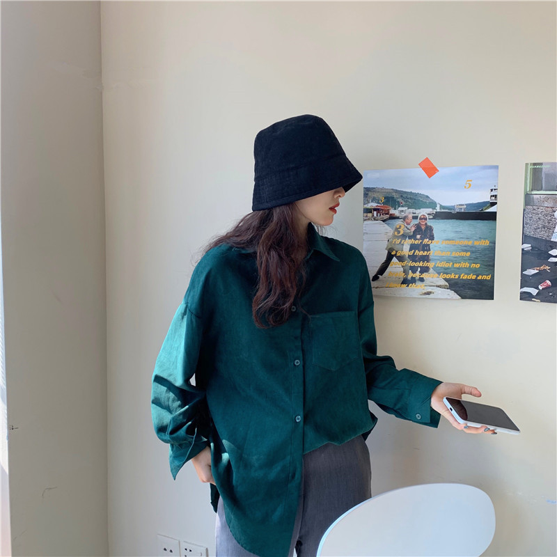 OL Shirt Women Long Sleeve Lapel Loose Fashion Solid Green Tops Casual Blouse Work Shirts Blusas Mujer De Moda 210421