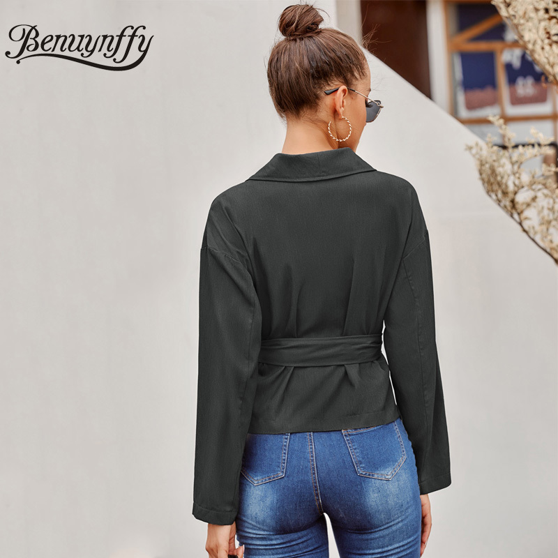 Elegant Office Lady Notched Collar Wrap Top with Belt Autumn Winter Long Sleeve High Street Womens Tops and Blouses 210510