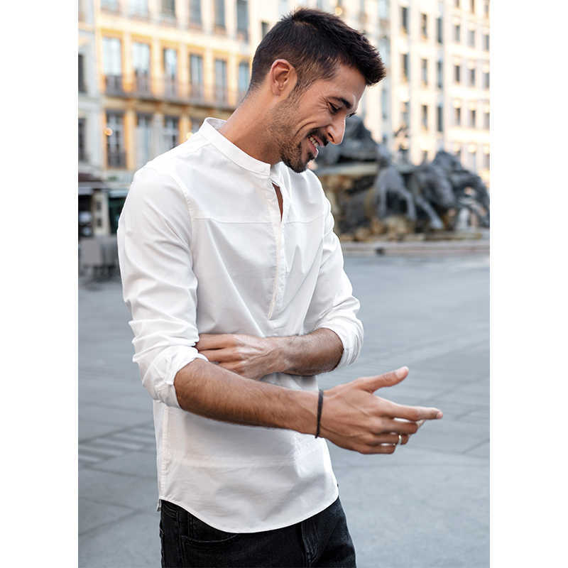 KUEGOU Blended Cotton Solid color Spring Summer Man Shirt Long Sleeve Half cardigan Fashion Shirts men Top Plus Size BC-20521 210714