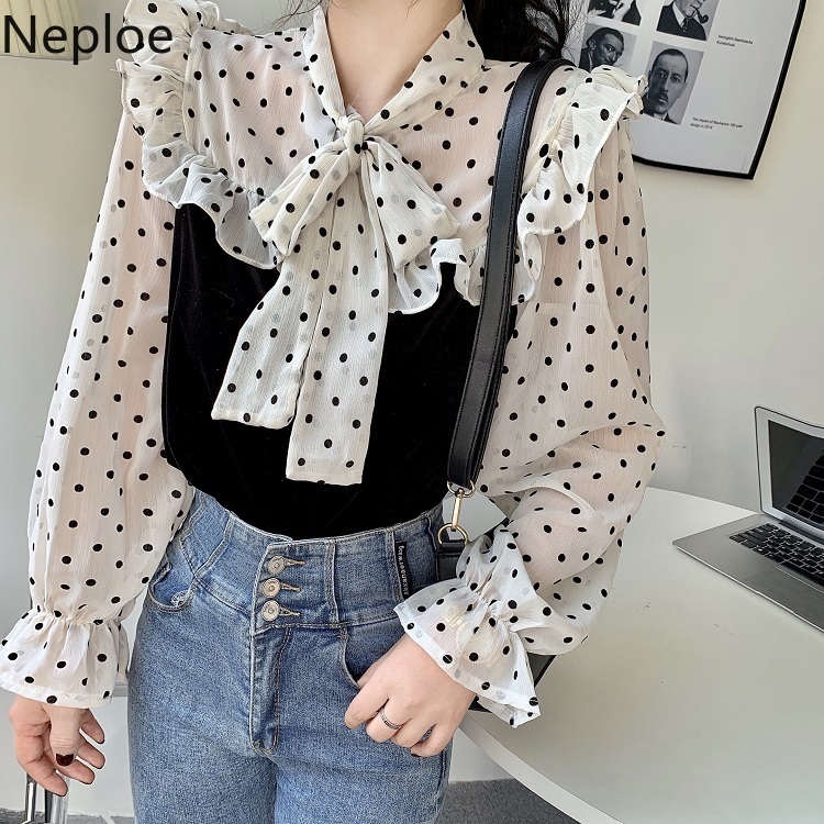 Neploe Women Tops Lace Up Bow Patchwork Polka Dot Blusas Mujer Long Sleeve Sweet Ruffles Shirts Loose Elegant Blouses 95126 210422