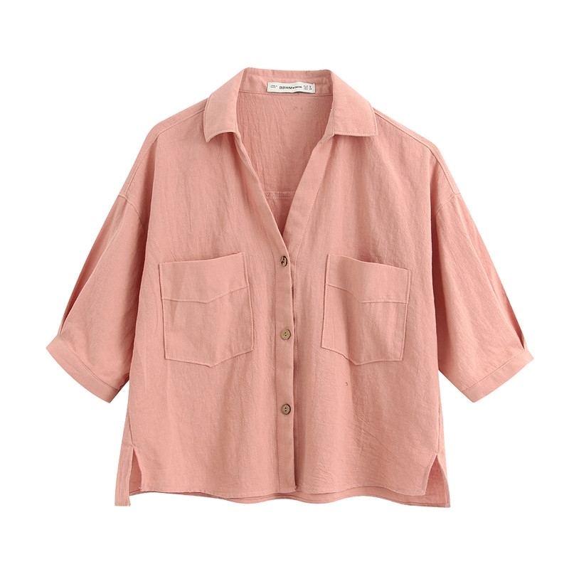 Fashion Spring Pockets Loose Linen Blouses Vintage Short Sleeve Side Vents Female Shirts Chic Tops Women 210508