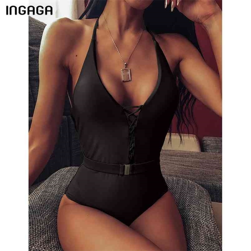 INGAGA Sexy Lace-up Swimsuit Fused Solid Halter Swimwear Women High Cut Bathing Suit Beach Deep V Bodysuits 210630, B2412
INGAGA Sexy Lace-up Swimsuit Fused Solid Halter Swimwear Women High Cut Bathing Suit Beach Deep V Bodysuits 210630, B2412