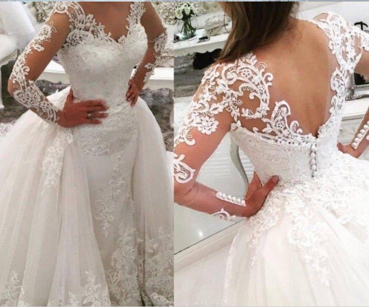 Rustic Country Lace A Line Wedding Dress With Detachable Train Appliques Long Sleeve Chapel Wedding Gowns Plus Size Bridal Dresses Sexy Open Back 2022