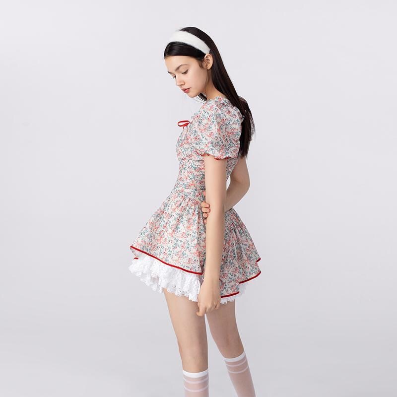Lolita floral printed Victorian vintage lace up slim sweet cute mini dresses for women young girl 2 pieces vestidos 210421