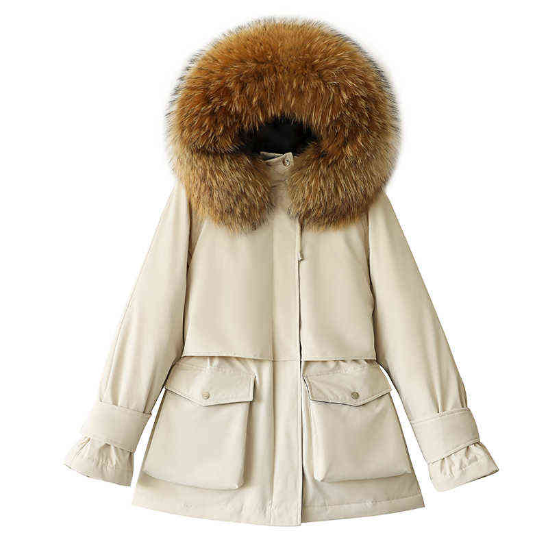 Fi Winter Jacket Women Large Natural Fur White Duck Down Coat Thick Parkas Warm Sash Tie Up Zipper Down Snow Outerwear 211102