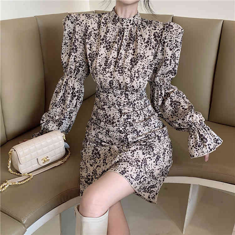 French Retro Pleated Stand Collar Women Chiffon Dress Long Sleeve Floarl Printed Woman Mini Mujer Vestdos Fashion 210514
