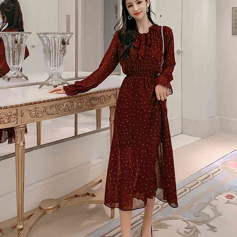 Vestidos De Verano Spring Korean Version Polka Dot Mullet Edge Chiffon Mid Long Dress and Autumn Bottom 8541 50 210508