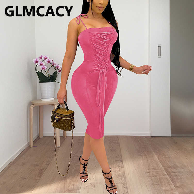 Spaghetti Strap Lace Up Front Slim Bodycon Midi Dress 210702
