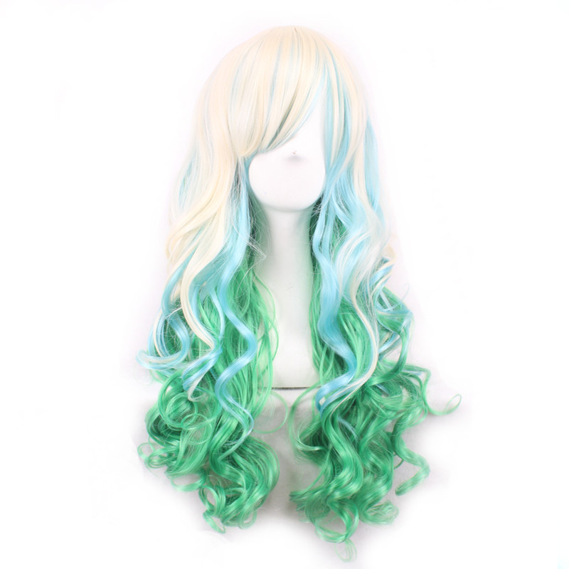 long wavy synthetic hair wigs women japanese harajuku green pink white red purple rainbow color fibre anime cosplay wig ombre