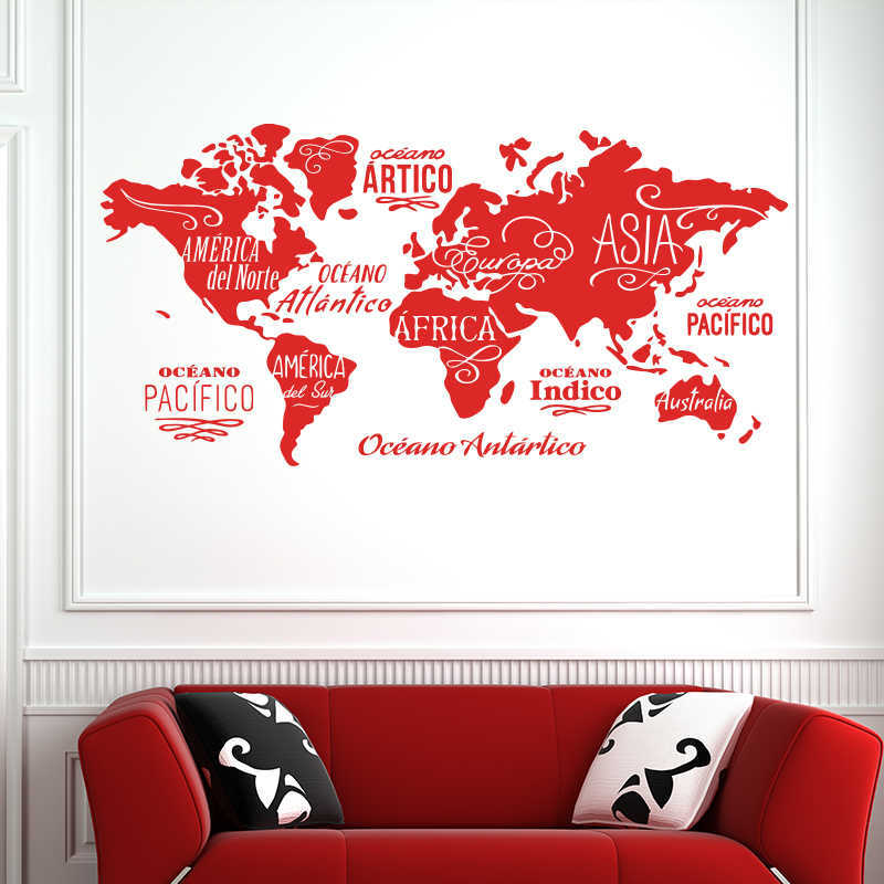 World map in words vinyl wall sticker Oceans and Continents in spanish home decor wall decals DIY house decor for living room 210929