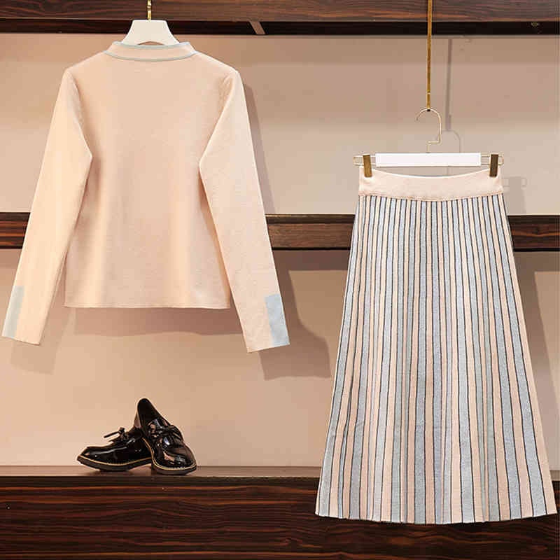 Plus Size Women 2 Piece Set Autumn Winter Long Sleeve Bow Tie Striped Dress Knitted Sweater Suit Skirt Two-piece Suit Drress 210515