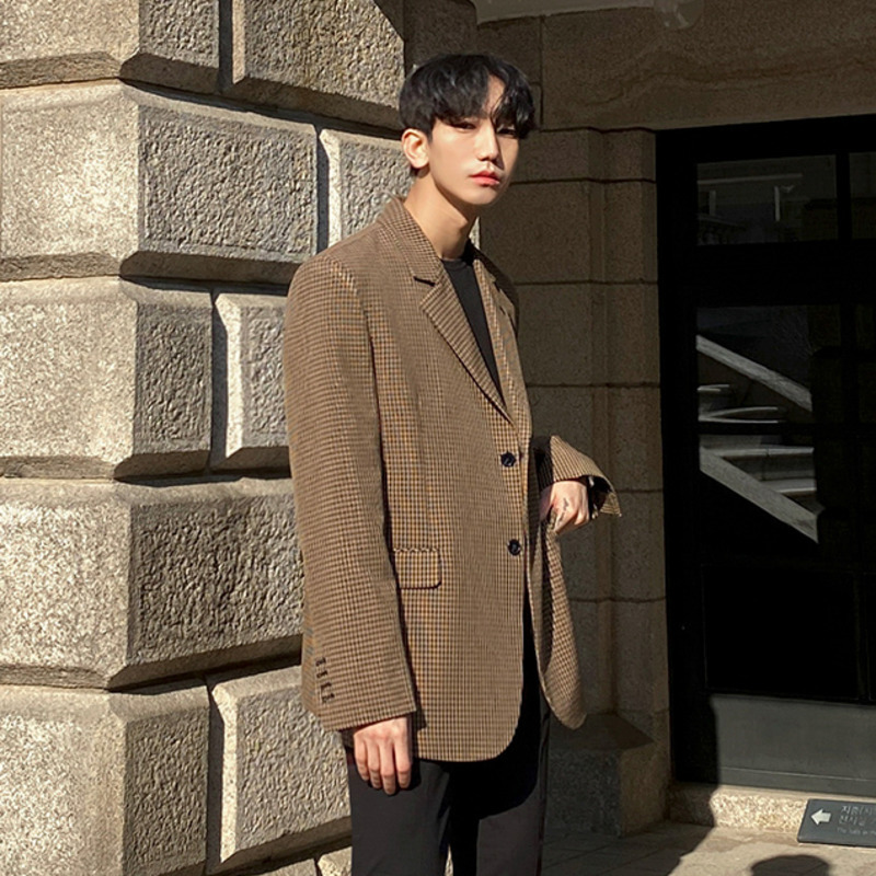 IEFB Spring Korean Trend Plaid Blazer Handsome Casual Suit Men's Coat Back Vent Single Breasted Vintage Clothes 9Y5239 210524