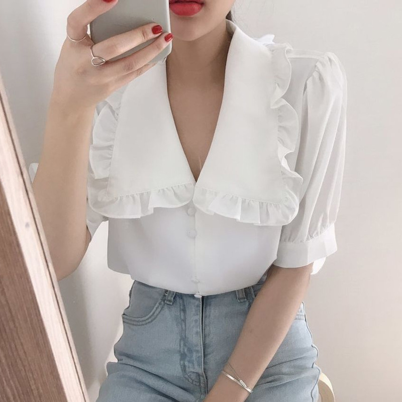 Summer Loose Blouse Women Short Sleeve Solid Peter Pan Collar Sweet Ladies Shirts Chiffon Casual Female Tops Blusa 10196 210508