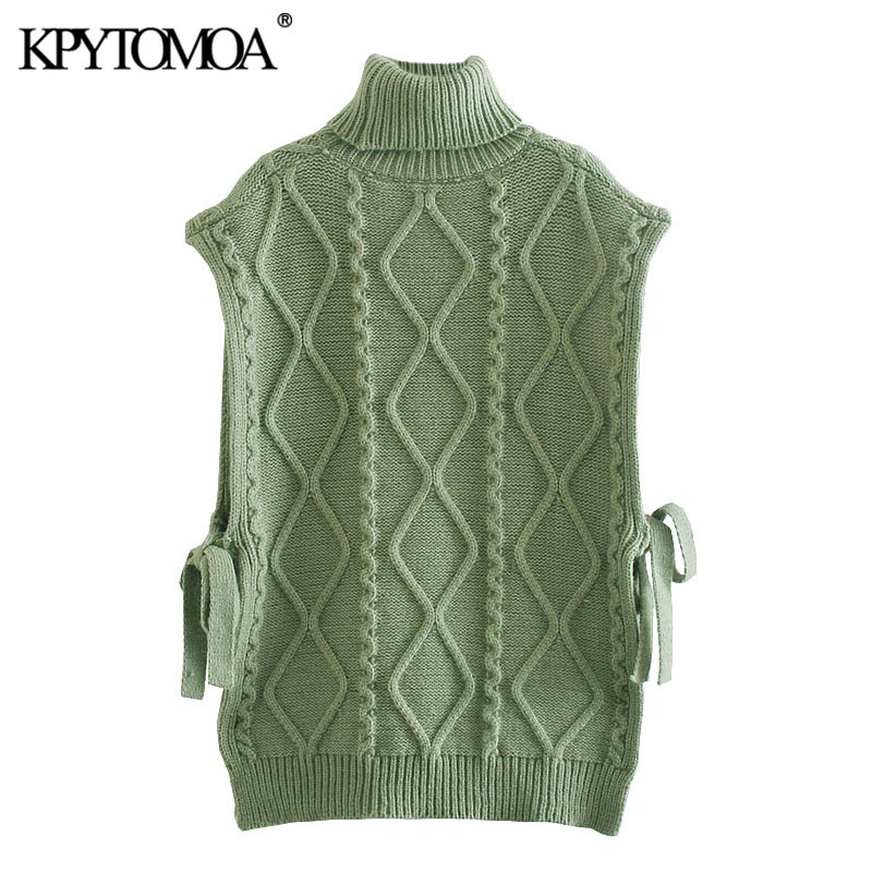 Women Fashion With Bow Tied Cable-knit Vest Sweater High Neck Sleeveless Female Waistcoat Chic Tops 210420