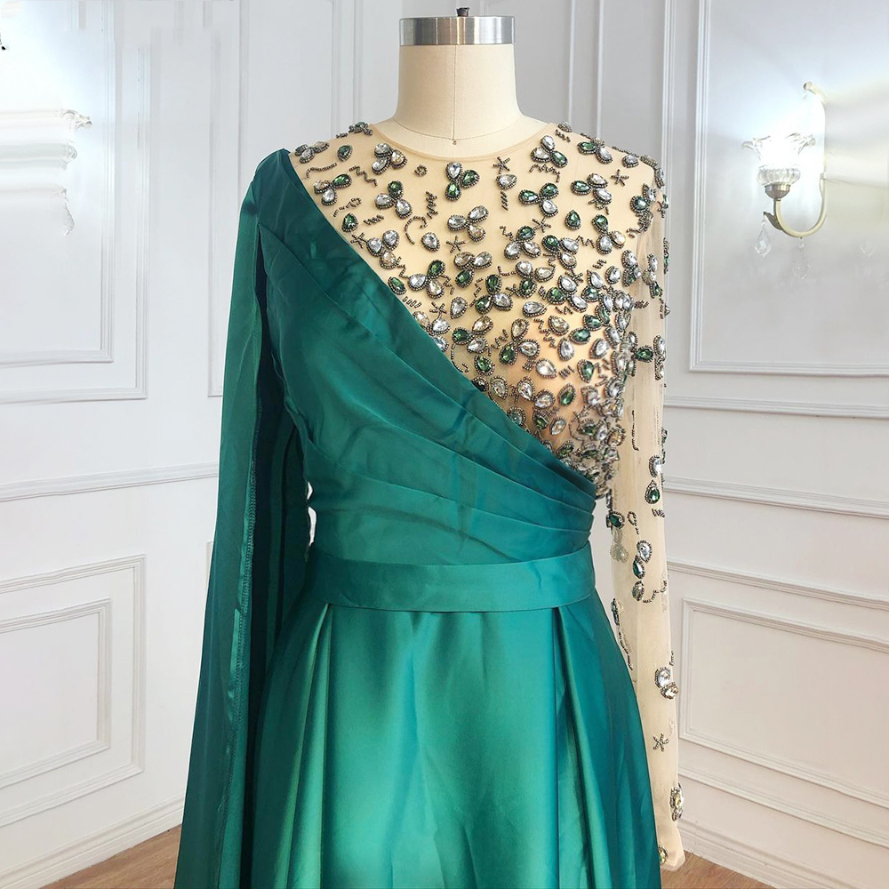Saudi Arabic Green A Line Formal Evening Dresses Long Sleeve 2021 Luxury Crystals Beaded One Shoulder Satin Women Prom Party Gowns Pageant Dress