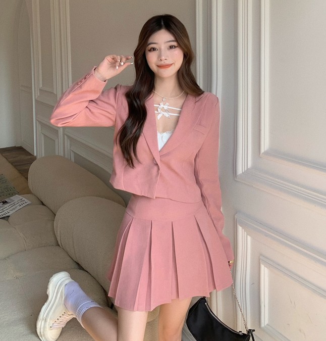 Spring Women Skirt Suits Elegant Pink Single Button Ladies Blazer Jacket & High Waist Mini Pleated Skirts Suit 210519
