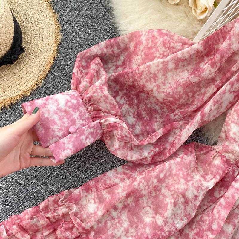 Court Long Sleeve Dress Autumn Women's Fashion V Neck Folds Waist Thin Sweet Wood Ear High Elegant Vestidos P470 210527