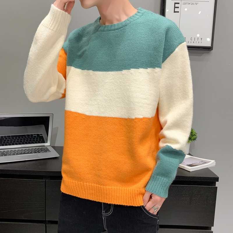 SFABL Oversize Sweater Men Streetwear Fashion Patchwork Hip Hop Autumn Winter Pullovers O-neck Casual Men's Sweaters Striped 210818