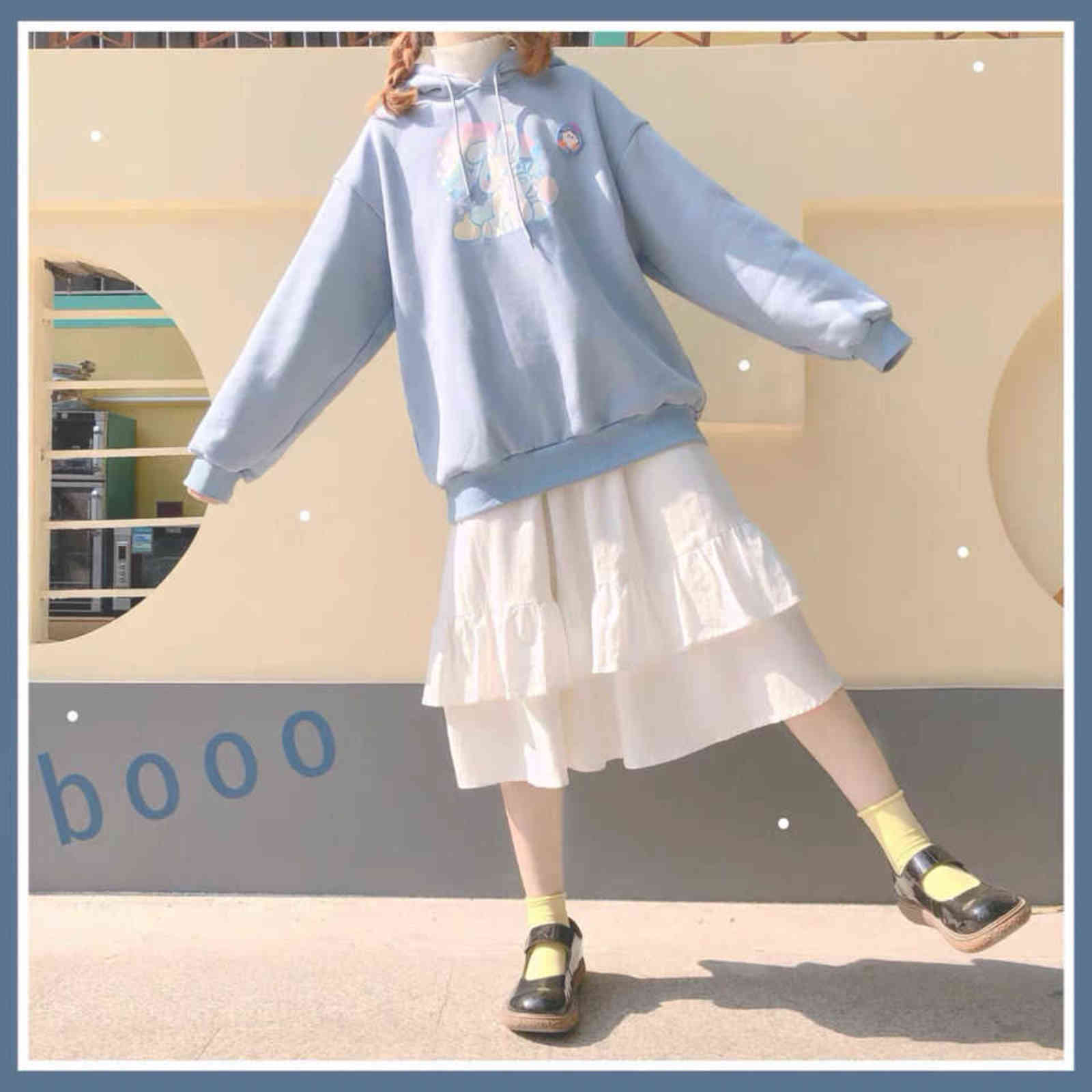 HOUZHOU Kawaii Anime Hoodie Autumn Fashion Rabbit Print Women Hoodies Cute Long Sleeve Loose Oversized Pullover Women 211104wtt