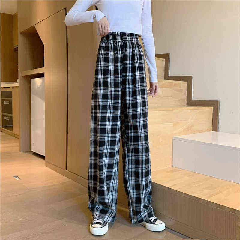 Checkered Pants for Women Vintage Plaid Fashion Korean Style Wide Leg Summer Blue Harajuku Oversized Trousers 211115