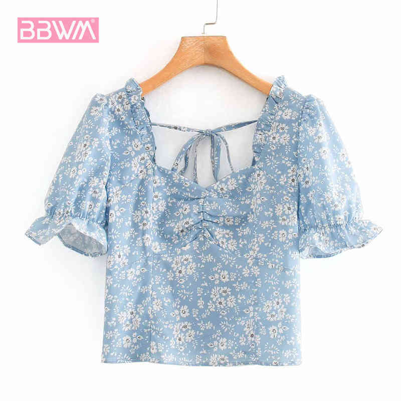 Summer Women's Short - Sleeved Blouses with Square Collars Female Floral Tight Fashion Pastoral Style Floral Pullover Shirt 210507