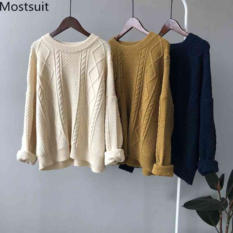 Twisted Knitted Korean Vintage Sweaters Pullovers Women Long Sleeve O-neck Jumpers Fashion Solid Ladies Tops Femme 210518, Dark blue 
Twisted Knitted Korean Vintage Sweaters Pullovers Women Long Sleeve O-neck Jumpers Fashion Solid Ladies Tops Femme 210518, Dark blue