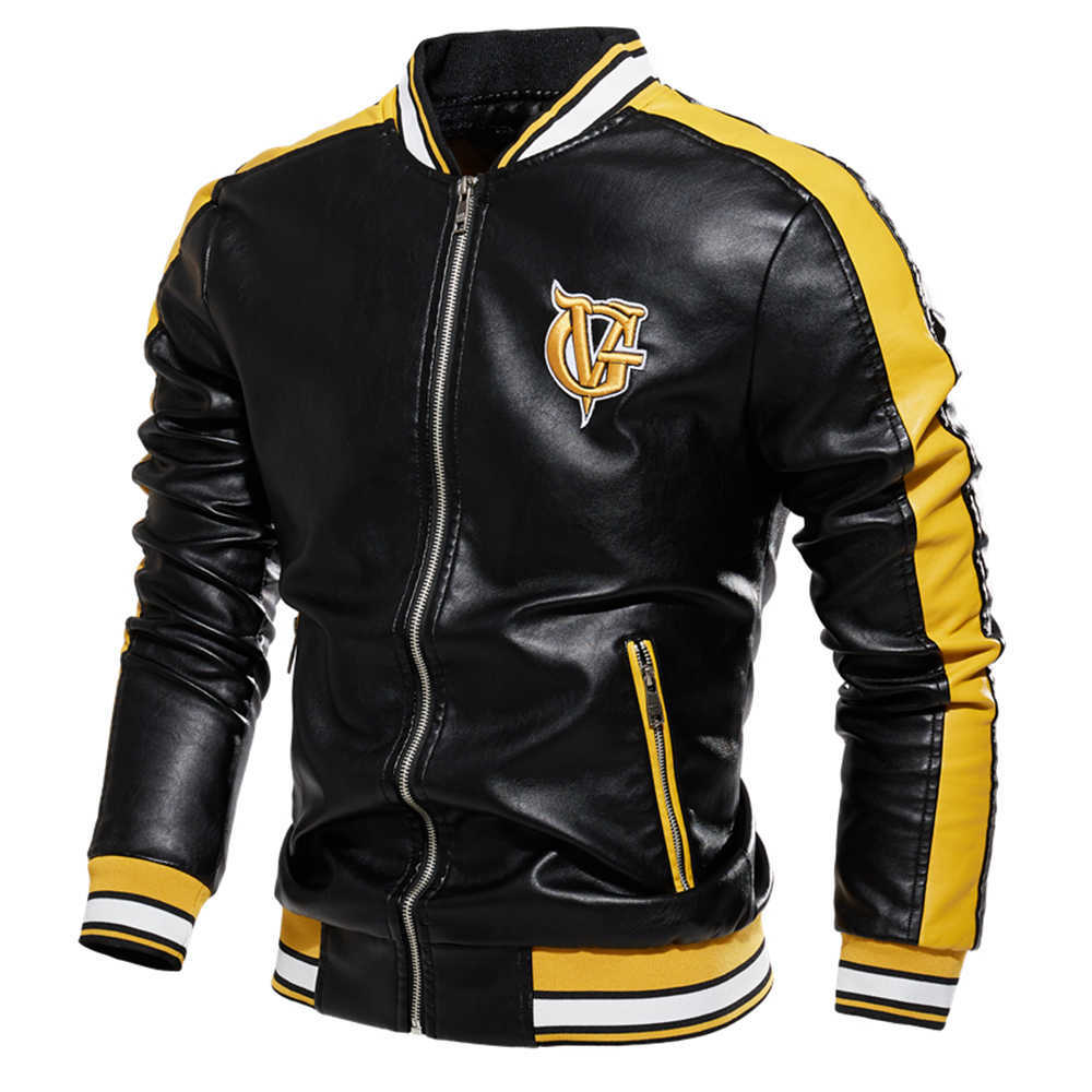 Men Jacket Casual Letter Embroidery Leather Jacket Streetwear Fashion Tops Patchwork Leather Bomber Jacket Autumn Coat Men 211009