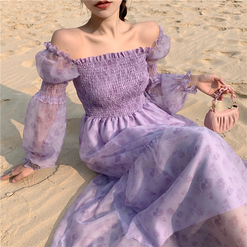 Vintage French Summer Bohemia Beach Dress Elegant Women Purple Long Sleeve Chiffon Casual Fairy Midi Vestidos 210519