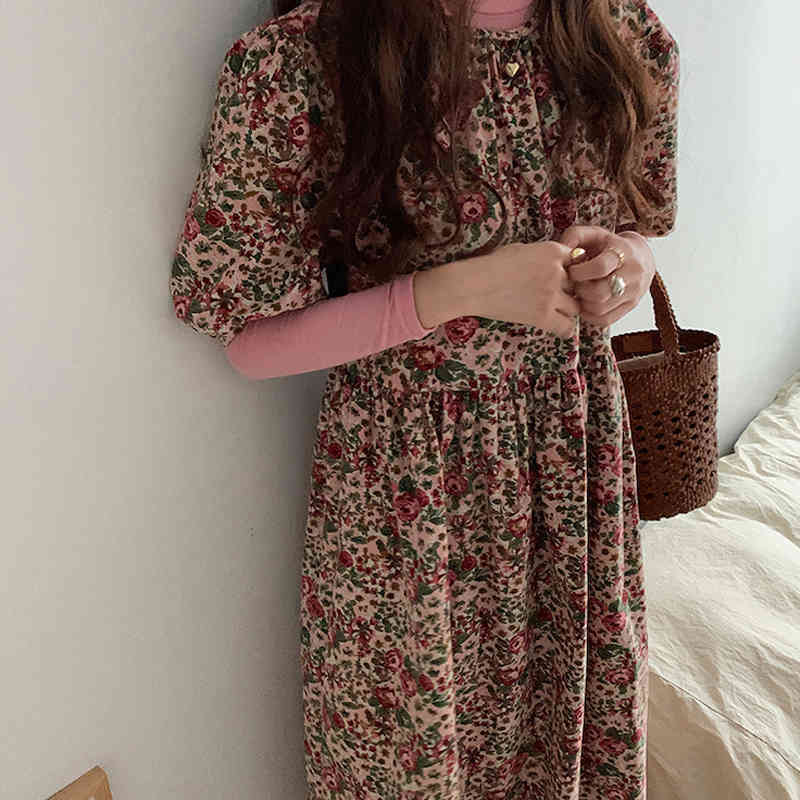 Spring Women's Vintage Korean Style Floral Long Dress O Neck Half Puff Sleeve Loose Casual Elegant Mid-Length Dresses D13104X 210416