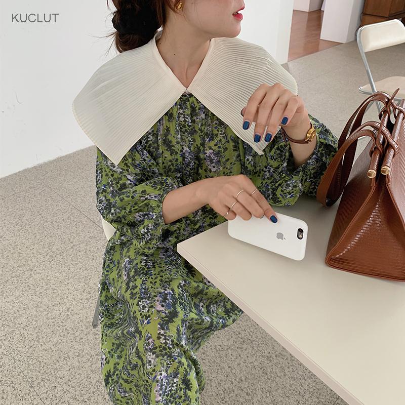 Korean Chic French Detachable Pleated Baby Collar Lace Up Waist Bubble Sleeve Floral Dress Long Skirt Men's Pants