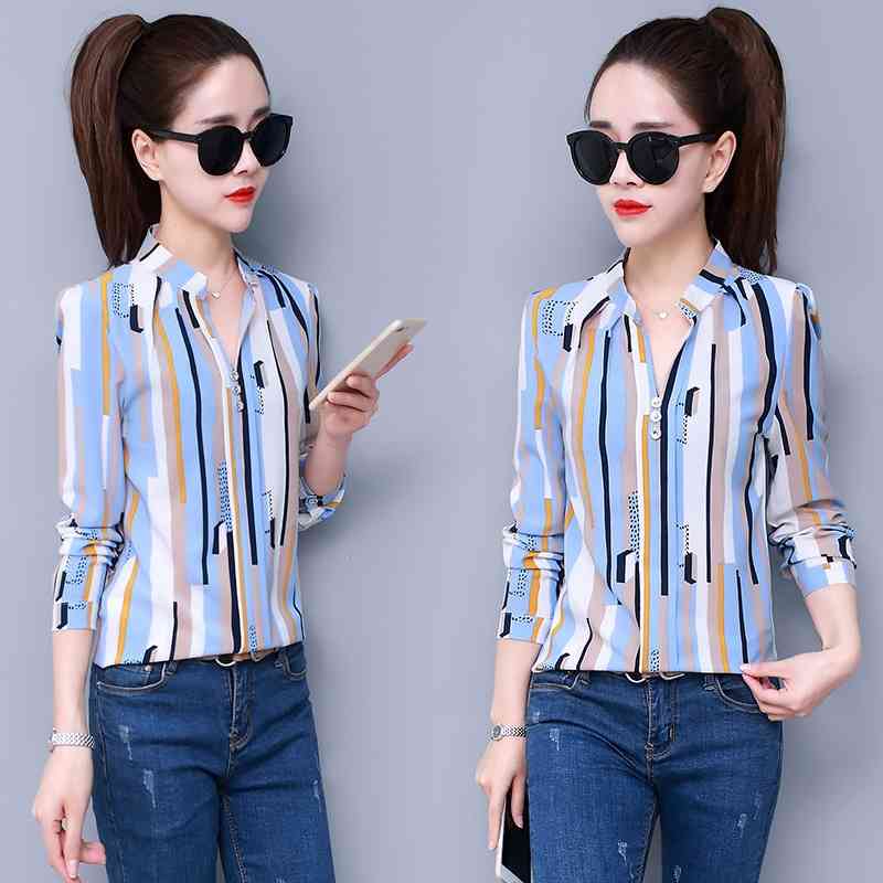 Chiffon Women Blouses Office Lady Striped s Tops and V-Neck Shirts Plus Size XXL Blusas Femininas Elegante 210531