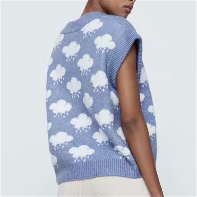 Streetwear Women Cloud Jacquard Sweaters Tank Fashion Ladies Knitted Vests Female Chic V-Neck Pullovers 210430