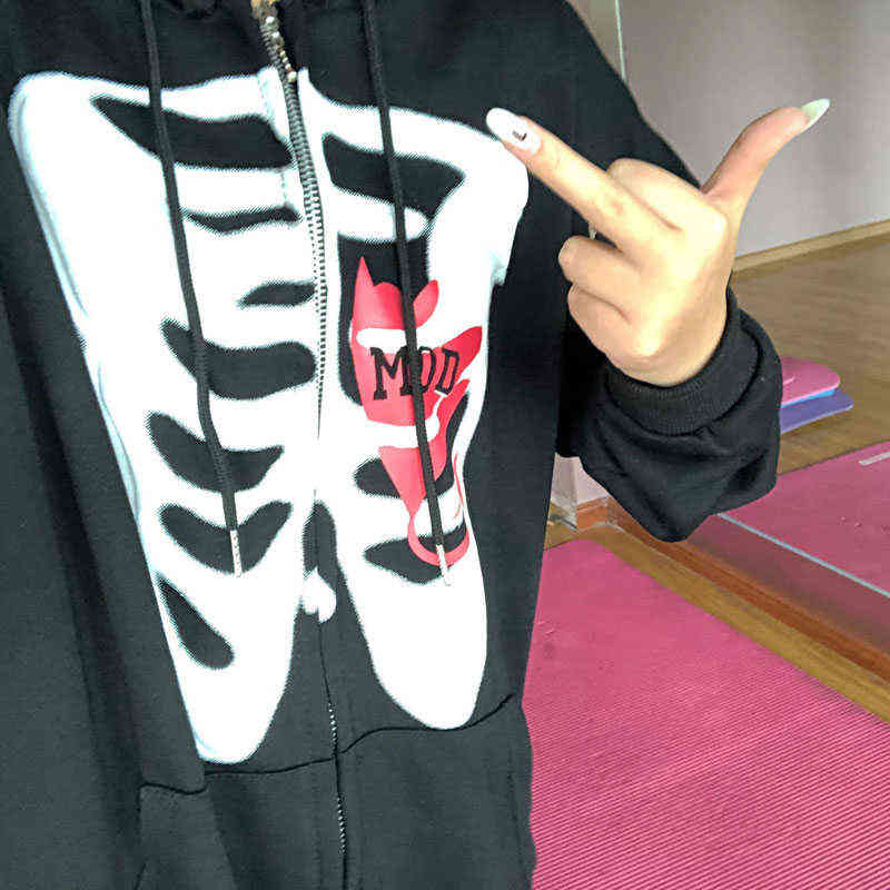 Stylish Bone Pattern Zipper Up Hoodies Streetwear Oversized Hooded Sweatshirt Women Long Sleeve Casual Harajuku Graphic Outwear 211108