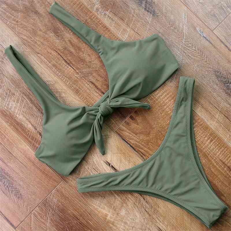 Sexy Tie Knot Front Bikini Push Up Swimsuit Bikini Set Bandage Swimwear Yellow Thong Bathing Swimming Suit Q190518