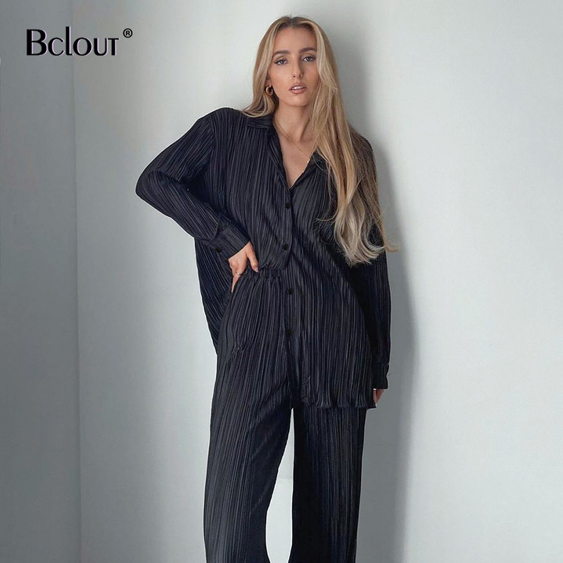 Bclout Beige Elegant Pleated Pants Women'S Suit Turn Down Collar Long Sleeve Blouse High Waist Set Woman 2 Piece Chic 220315