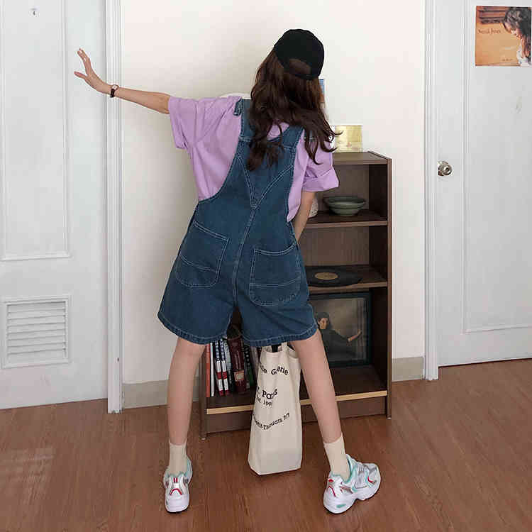 SML Summer korean preppy style Jumpsuit Denim Overalls Casual Girls blue Jeans Shorts womens (78500) 210423