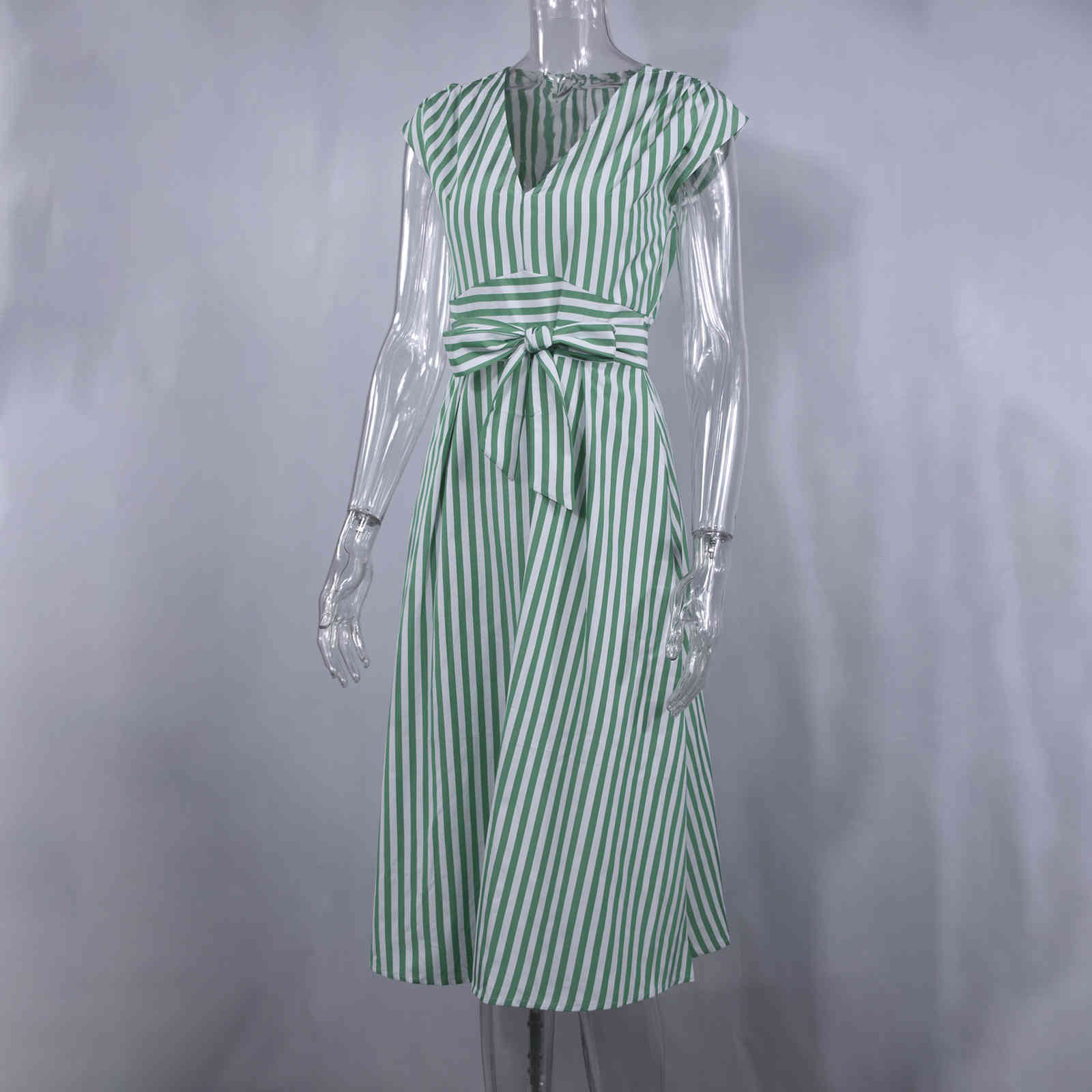 Lossky Summer Women Stripe Long Dress Sexy Deep V-neck Elegant Ladies Dresses Womens Clothing Midi Dress For Women Casual 210331