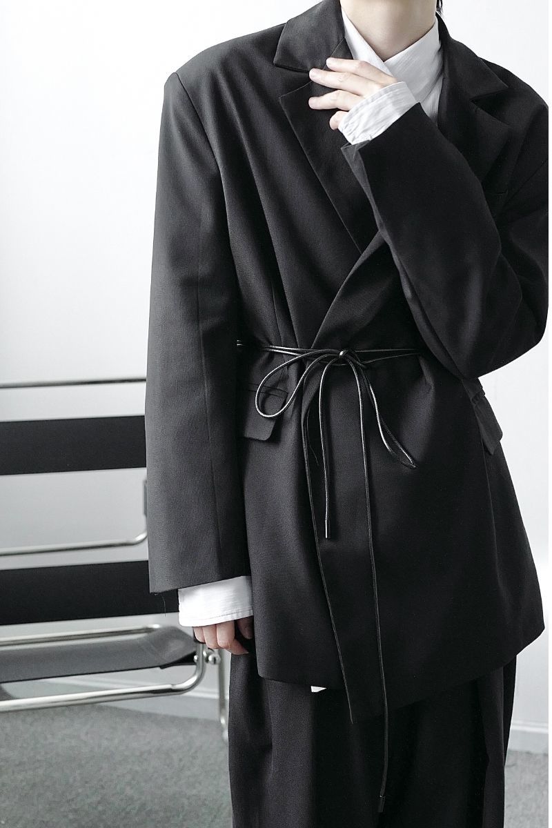 IEFB /men's wear bandage waist notched collar black big size suit coat spring fashion loose streetwear blazers 9Y4023 210524