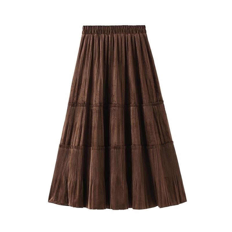 Preppy Style Women Skirts Winter In Golden Velvet Patchwork Ruffles Ruched Elastic Waist A Linen Drape Long 210621