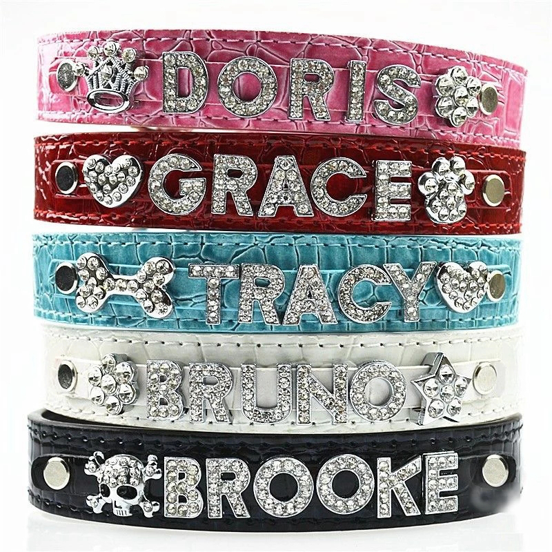 PU Leather Custom Dog Collars with Rhie Personalized Name Letters Diamante Jewelry Gems DIY Pet Tag Croco Collar Charms for Small Medium Dogs Large Ca