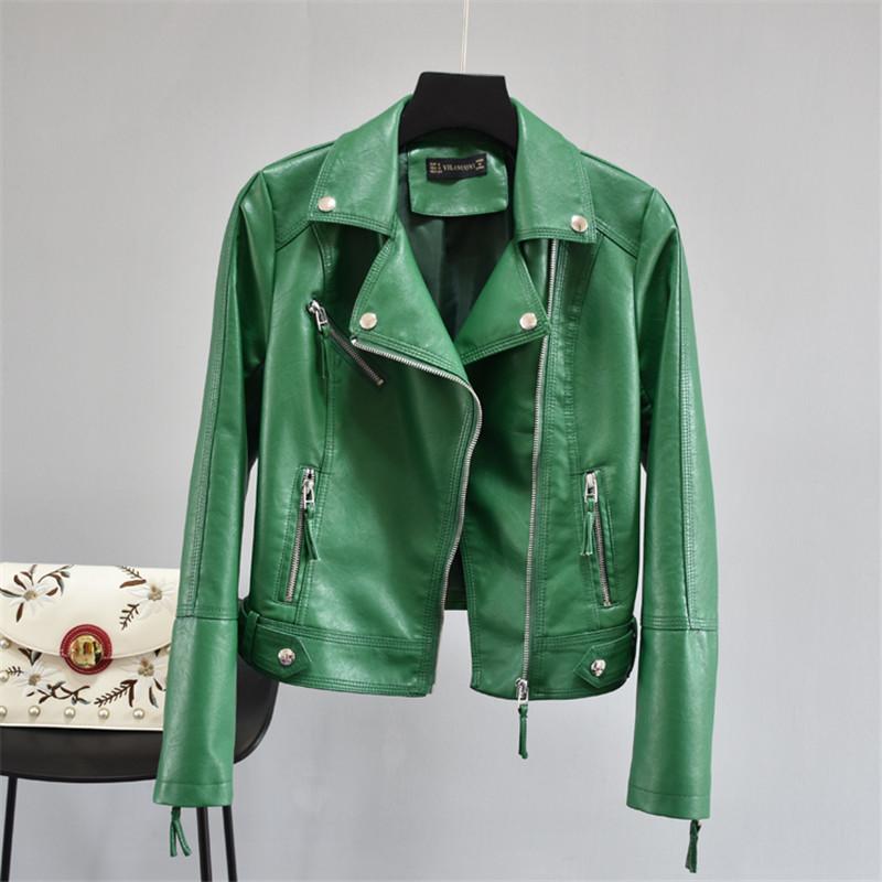 Women Soft Motorcycle Faux Leather Jackets Ladies Long Sleeve Autumn Winter Basic Street Black Green Yellow Red Coat Women's &