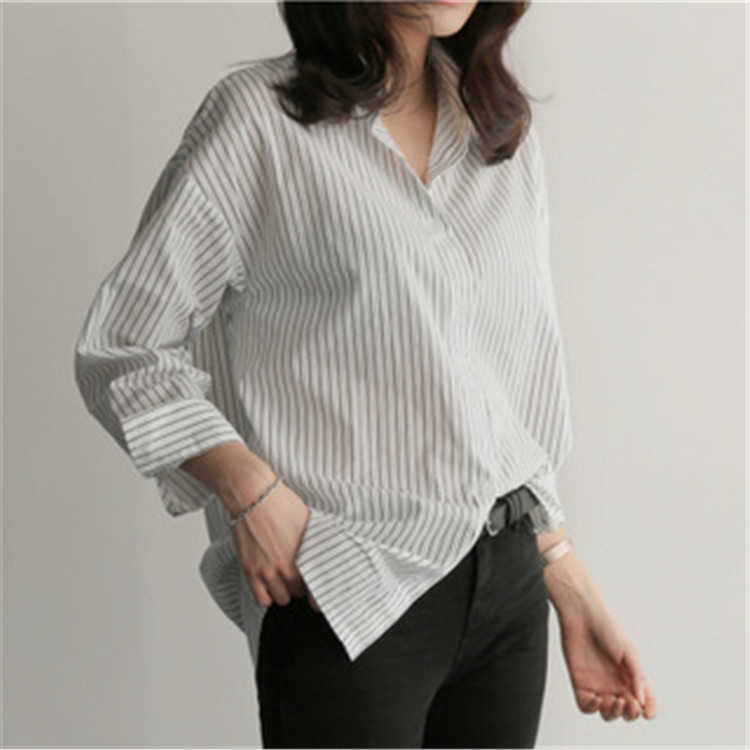 Vertical Stripe BF Plus Size Autumn Full Shirts Medium and Long All Match Loose Blouse Women 210615