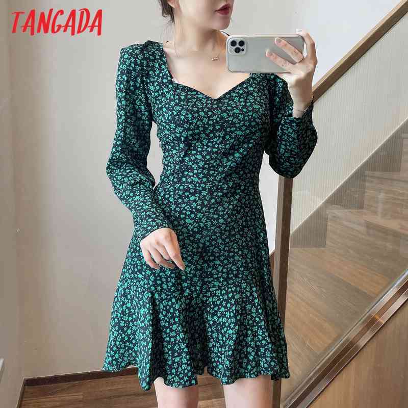 Fashion Women Green Flowers Print A-line Long Sleeve High Street Ladies Mini Dress 4N06 210416