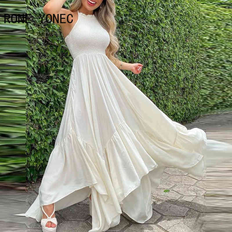 Women Elegant Dress Plain Sleeveless Ruched Maxi Pleated Dress Summer Dress 210409