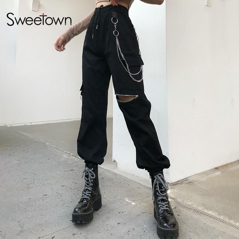 Sweetown Goth Black Cargo Pants Women Punk Style Metal Chain E Girl Clothes Zip Open Hippie Elastic High Waist Streetwear Jogger Women' & C, As picture
Sweetown Goth Black Cargo Pants Women Punk Style Metal Chain E Girl Clothes Zip Open Hippie Elastic High Waist Streetwear Jogger Women' & C, As picture