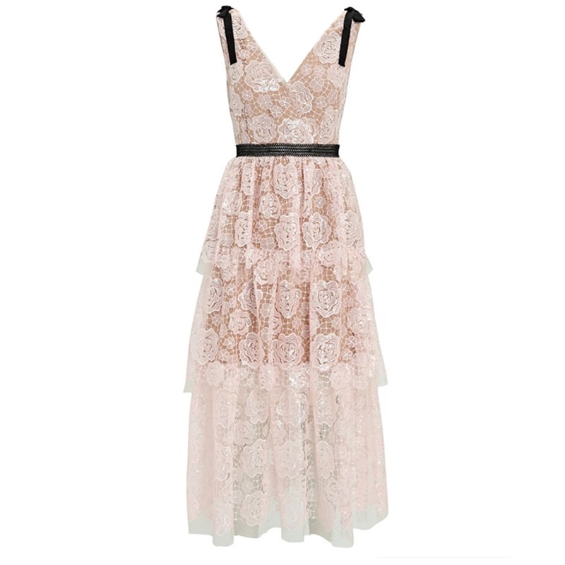 Vintage Elegant Pink Rose Lace Hollow Out Summer Dress Women's Embroidery Party Dresses Vestido Midi Feminino 210520