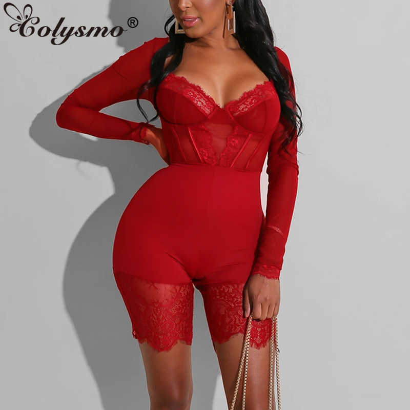 Colysmo Sheer Mesh Jumpsuit Women Lace Splice Black Playsuit Elastic Slim Fit Sexy Romper Red Party Club Casual Jumpsuits 210527